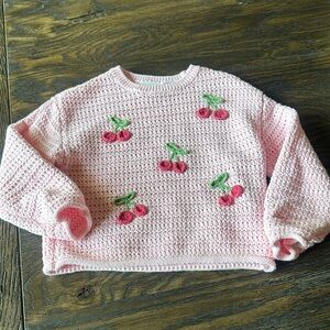 Zara Light Pink Crochet Sweater with Cherry Embroidery